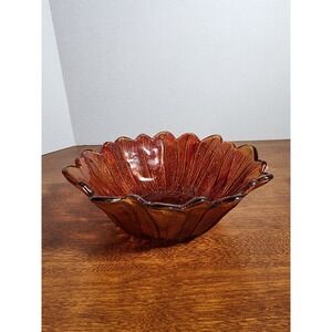 Vtg MCM Indiana Glass Sunflower Lily Pons Serving Bowl 7" Scalloped Amber/Red